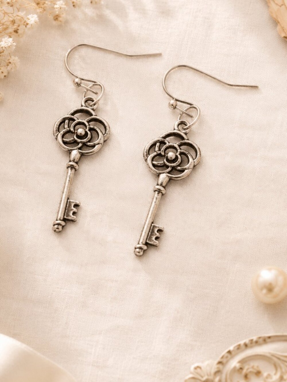 Antique Silver Filigree Flower Key Dangle Earrings Vintage Boho
